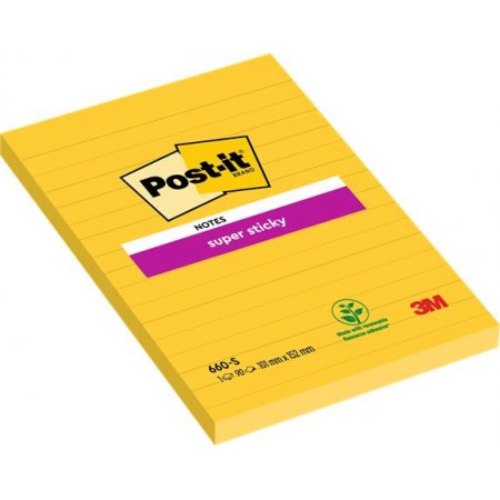 Samolepiaci bloček, 102x152 mm, 75 listov, linajkový, 3M POSTIT "Super Sticky", žltý
