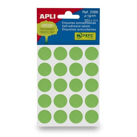 Etikety, okrúhle, priemer:19 mm, ručne popisovateľné, farebné, APLI, zelené, 100 etikiet/bal