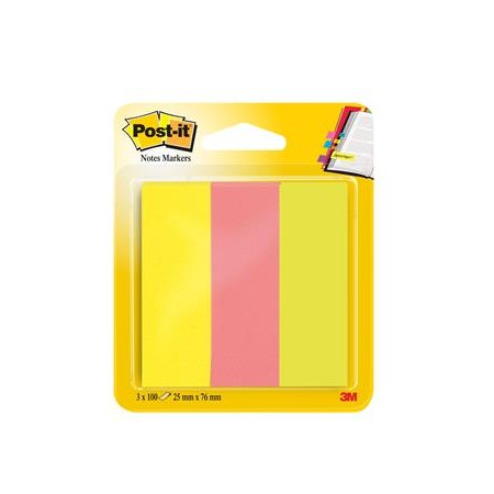 Záložky, papierové, 3x100 listov, 25x76 mm, 3M POSTIT, mix neónových farieb