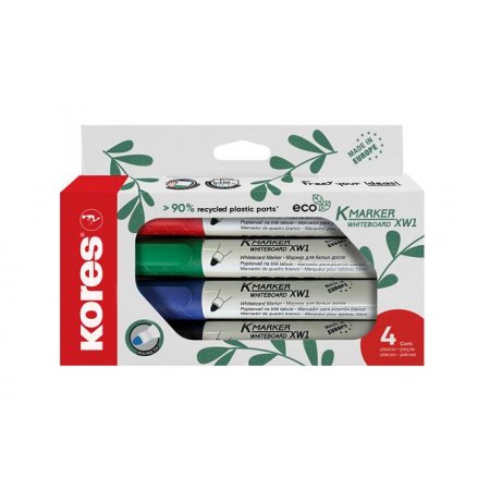 Popisovač na tabule a flipchart, sada, 3 mm, kužeľový hrot, KORES "ECO K-Marker XW1", 4 rôzne farby