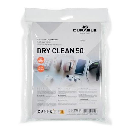 Čistiace utierky na monitory, 50 ks, DURABLE "DRY CLEAN 50", biela