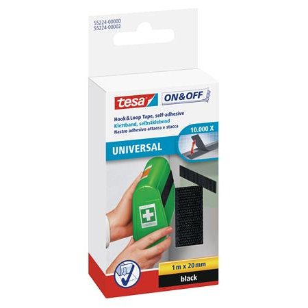 Suchý zips, samolepiaci, univerzálny, 20 mm x 1 m, TESA "On&Off",  čierna