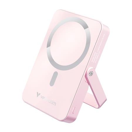 Power banka, externá batéria, magnetická (bezdrôtová), 10 000 mAh, stojanček, VERBATIM "Charge n Go", ružová