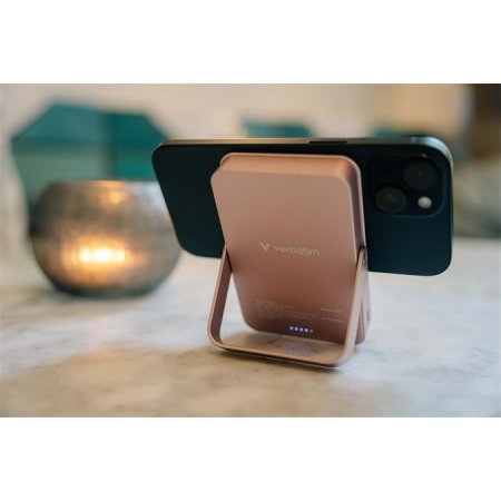 Power banka, externá batéria, magnetická (bezdrôtová), 10 000 mAh, stojanček, VERBATIM "Charge n Go", ružová