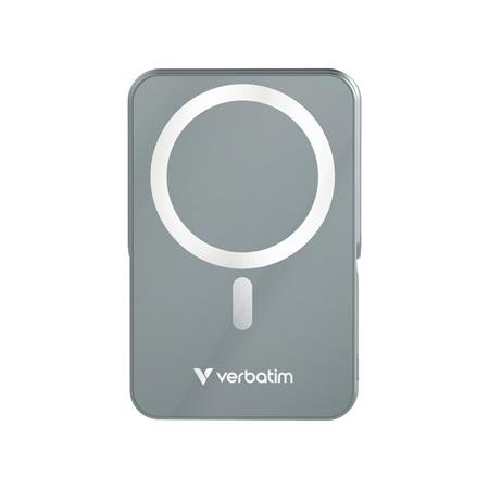 Power banka, externá batéria, magnetická (bezdrôtová), 10 000 mAh, stojanček, VERBATIM "Charge n Go", sivá