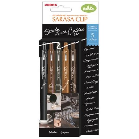 Gélové pero, 0,33 mm, stláčací mechanizmus, ZEBRA "Sarasa Clip Coffee", 5 rôznych farieb