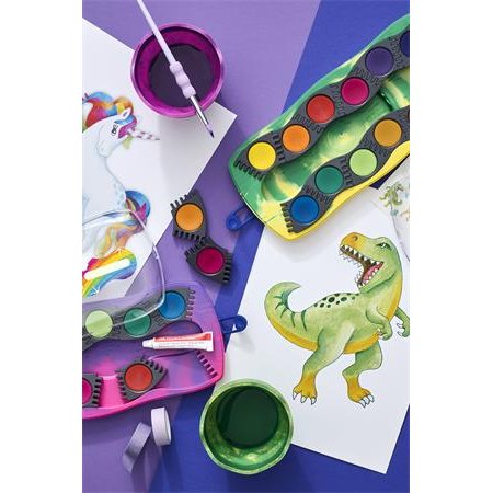 Vodové farby, 12-kusové, skladacie, FABER-CASTELL "Dinosaurus" + 1 tuba bielej temperovej farby + nálepky dinosaura