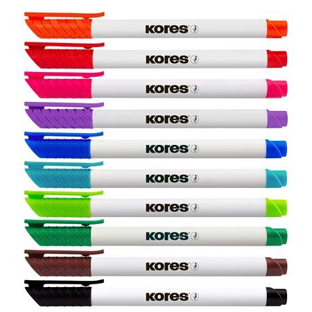 Popisovač na biele a flipchartové tabule, sada, 1-3 mm, kužeľový hrot, KORES "K-Marker W1", 10 rôznych farieb