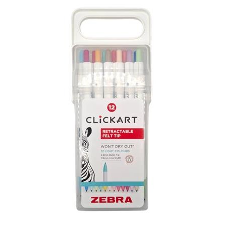 Popisovač, sada, stláčací mechanizmus, 0,6 mm, ZEBRA "Clickart" 12 rôznych pastelových farieb