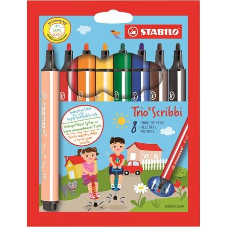Fixky, 1,5-2 mm, pohyblivý hrot, STABILO "Trio Scribbi", 8 rôznych farieb