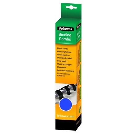 Hrebeň, plastový, 12 mm, 56-80 listov, FELLOWES, 25 ks, modrý