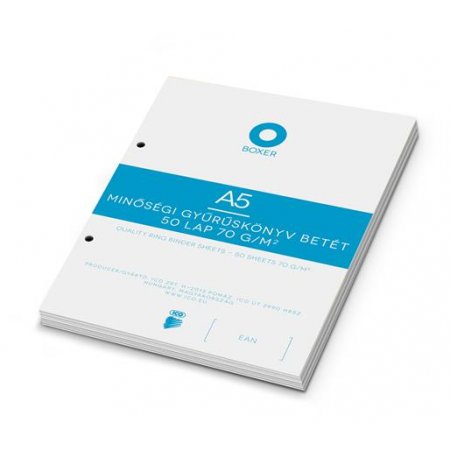 Náhradné listy do krúžkových šanónov, A5, linajkové, 50 listové, BOXER, biele
