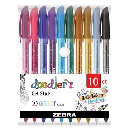 Gélové pero, sada, 0,33 mm, s uzáverom, ZEBRA "Doodler`z Glitter", 10 rôznych farieb