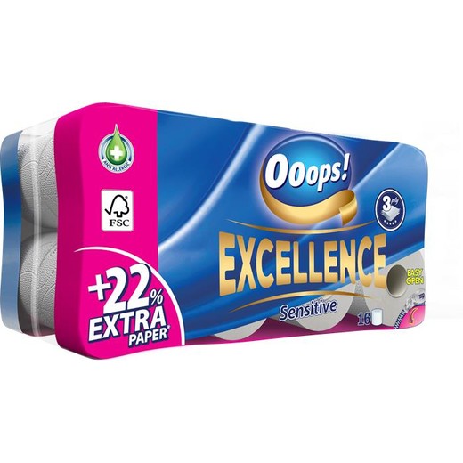 Toaletný papier, 3-vrstvový, malý kotúč, 16 kotúčov, OOOPS "Excellence"