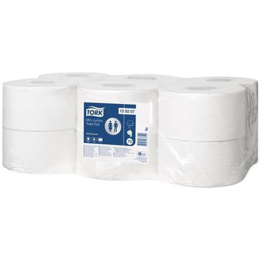 Toaletný papier, T2 systém, 2-vrstvový,  priemer: 19,5 cm, Advanced "Mini Jumbo", biela