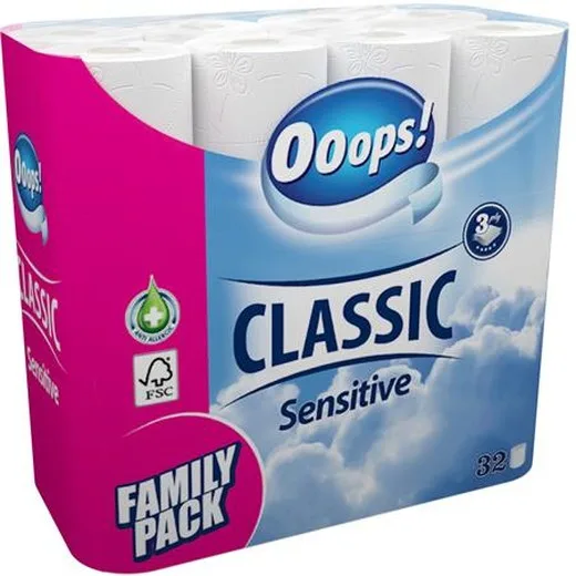 Toaletný papier, 3-vrstvový, malý kotúč, 32 kotúčov, OOOPS "Classic", sensitive
