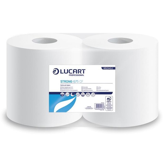 Papierové utierky, kotúčové, vnútorné dávkovanie, 2-vrstvové, LUCART "Strong 675 CF", biela