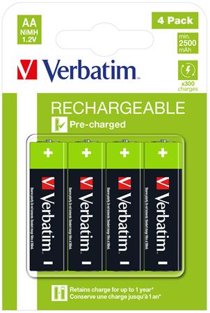 Nabíjateľná batéria, AA tužková, 4x2500 mAh, VERBATIM