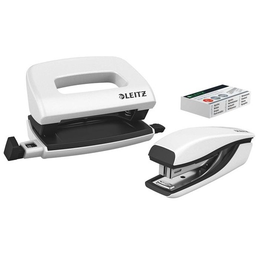 Zošívačka a dierovačka, set, 10 listov, kovový, LEITZ "Wow Mini", biela