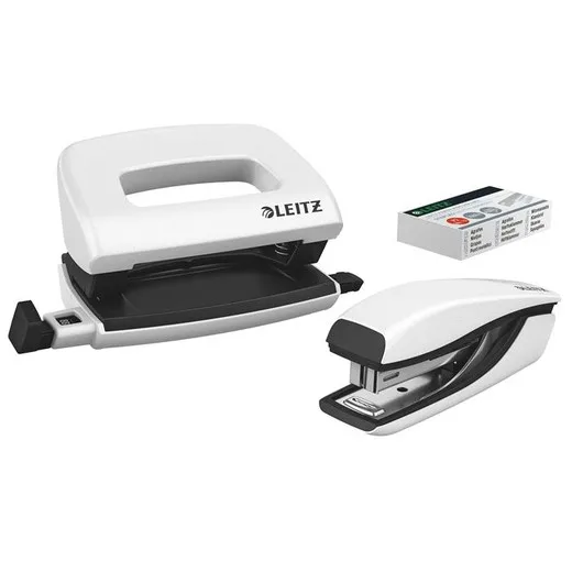 Zošívačka a dierovačka, set, 10 listov, kovový, LEITZ "Wow Mini", biela