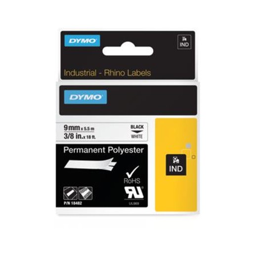 Páska do štítkovača, odolný polyester, 9 mm x 5,5 m, DYMO "Rhino", biela-čierna