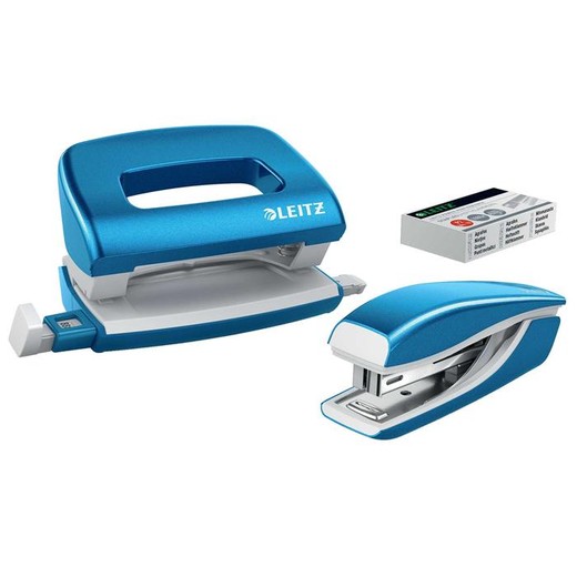 Zošívačka a dierovačka, set, 10 listov, kovový, LEITZ "Wow Mini", modrá
