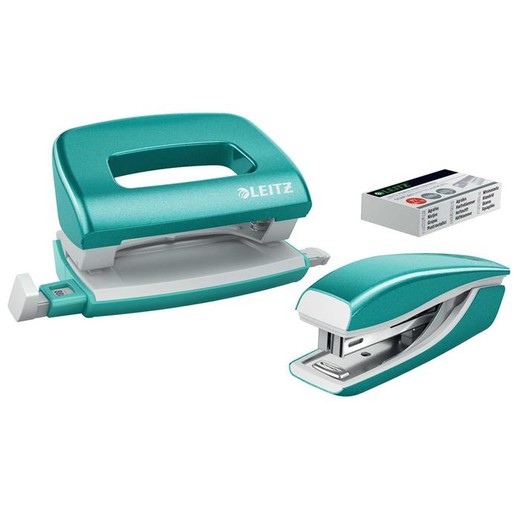 Zošívačka a dierovačka, set, 10 listov, kovový, LEITZ "Wow Mini", ladovo modrá