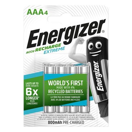 Nabíjateľné batérie. AAA (mikrotužkové), 4×800 mAh, prednabité, ENERGIZER "Extreme"