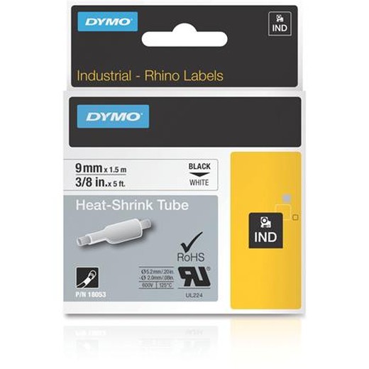 Zmršťovacia bužírka, pre štítkovače, 9 mm x 1,5 m, DYMO "Rhino", biela/čierna