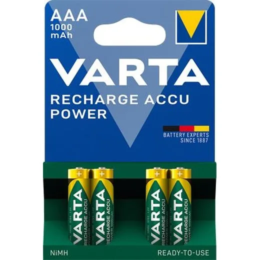Nabíjateľná batéria, AAA, mikrotužková, 4x1000 mAh, prednabitá, VARTA "Power"