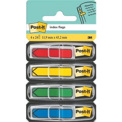 Záložky, plastové, 4x24 záložiek, 11,9x43,2 mm, v tvare šípky, 3M POSTIT, mix