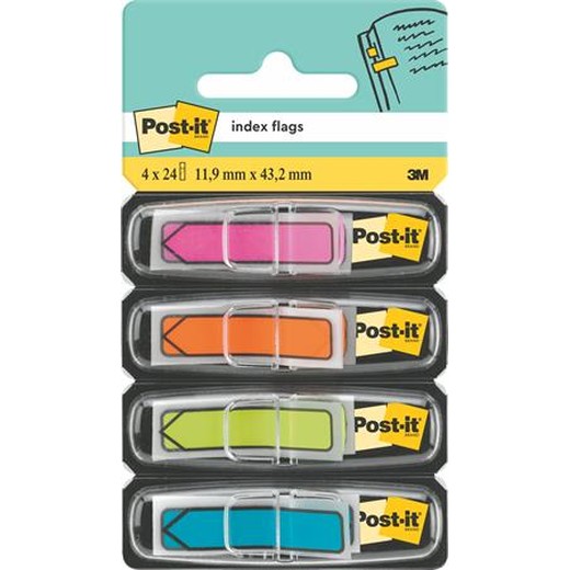 Záložky, plastové, 4x24 záložiek, 11,9x43,2 mm, v tvare šípky, 3M POSTIT, mix