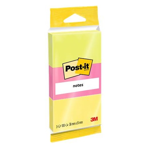 Samolepiaci bloček, 38x51 mm, 3x100 listový, 3M POSTIT, neónové farby