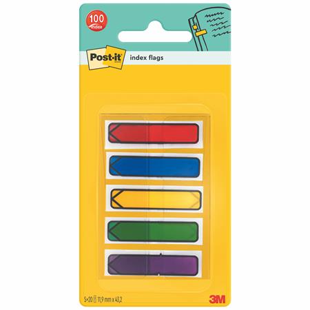 Záložky, plastové, 5x20 záložiek, 11,9x43,2 mm, v tvare šípky, 3M POSTIT, mix
