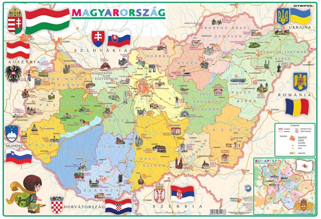 Podložka na stôl, "Administratíva Maďarska/Geografická mapa - Magyaro. közigaz./domborzata" gyerekeknek - výrobok v MJ