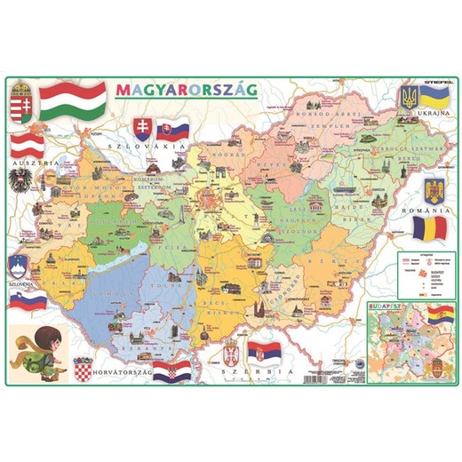 Podložka na stôl, obojstranná, A3,"Gyerek MO közigazgatás/domborzat - Samospráva/Geografická mapa Maďarska -výrobok v MJ