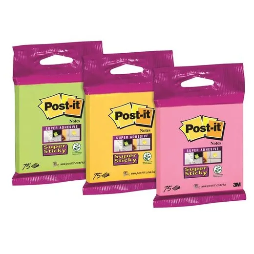 Samolepiaci bloček, 76×76 mm, 75 listov, 3M POSTIT "Super Sticky", mix