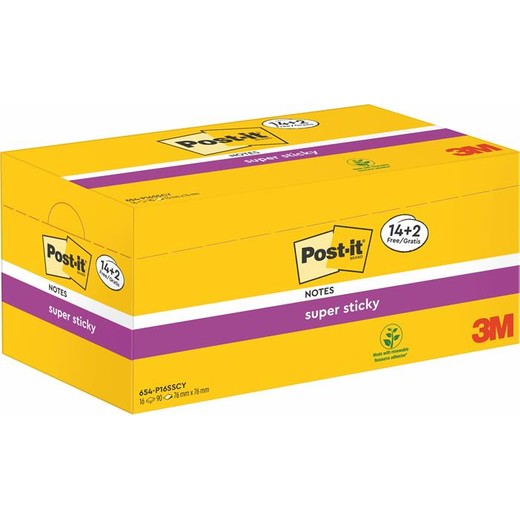 Samolepiaci bloček, 76x76 mm, 16x90 listov, 3M POSTIT "Super Sticky", kanárikovo žltý