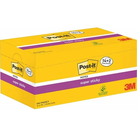 Samolepiaci bloček, 76x76 mm, 16x90 listov, 3M POSTIT "Super Sticky", kanárikovo žltý