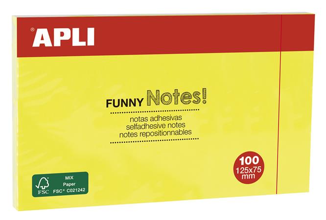 Samolepiaci blok, 125x75 mm, 100 listov, APLI, žltá