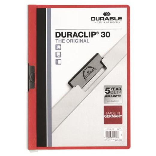 Rýchloviazač, s klipom, A4, DURABLE "DURACLIP® 30", červený