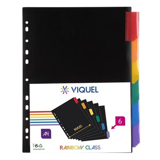 Rozraďovač, plastový, A4 Maxi, 6 x uško, VIQUEL, čierny