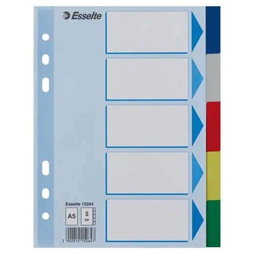 Register, plastový, A5, 5 oddielov, ESSELTE, farebný