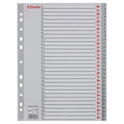 Register, plastový, A4, 1-31, ESSELTE, sivý
