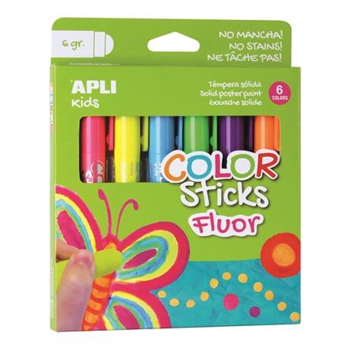Tempera, tyčinka, v tvare pera, APLI Kids "Color Sticks Fluor", 6 rôznych fluo farieb