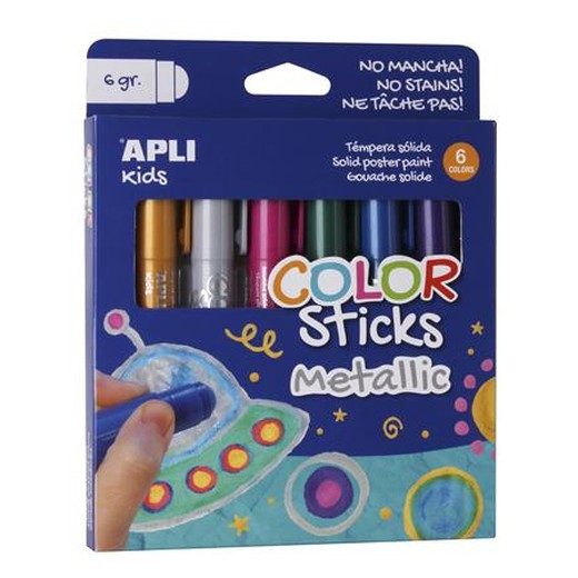 Tempera, tyčinka, v tvare pera, APLI Kids "Color Sticks Metallic", 6 rôznych metalických farieb