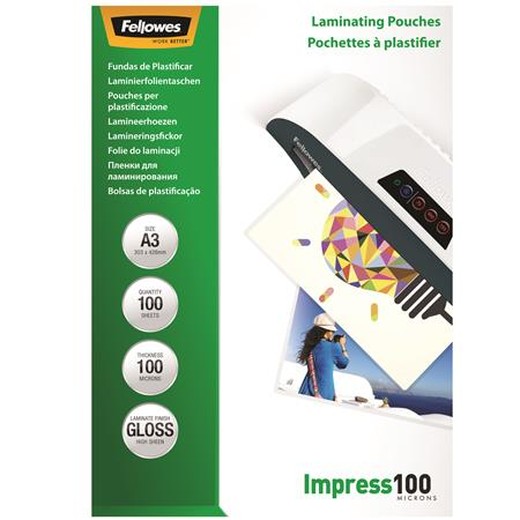Laminovacia fólia, 100 mikr., A3, lesklá, 100 ks, FELLOWES