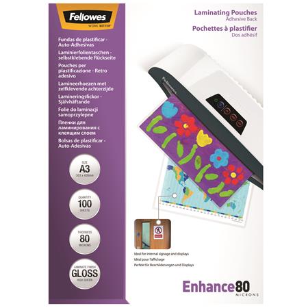 Laminovacia fólia, 80 mikr., A3, lesklá, samolepiaca, 100 ks, FELLOWES