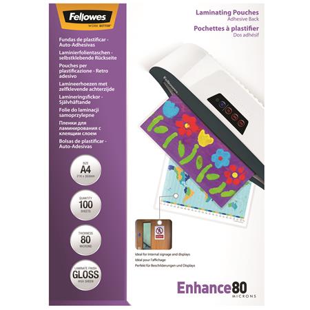 Laminovacia fólia, 80 mikr., A4, lesklá, samolepiaca, 100 ks, FELLOWES