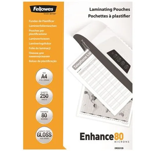 Laminovacia fólia, 80 mikr., A4, lesklá, 250 ks, FELLOWES